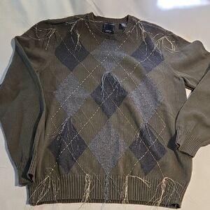 Upcycled 100% Cotton Argyle Crewneck Sweater Metallic Embroidery